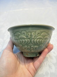 A Chinese carved Yaozhou celadon-glazed bowl with floral design, Jin