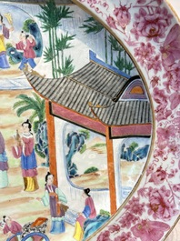 A fine large Chinese Canton famille rose dish with a palace garden scene, 19th C.