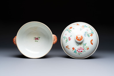 A Chinese famille rose &lsquo;Crane in a Garden&rsquo; tureen and cover, Qianlong