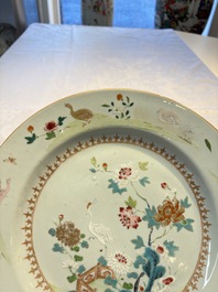 Four Chinese famille rose 'Roosters' plates and a 'Crane' dish, Qianlong