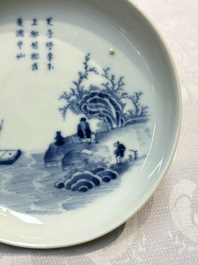 A Chinese blue and white 'Bleu de Hue' waterpipe and a 'Poem' plate for the Vietnamese market, chơi ngọc 玩玉 mark, 19th C.