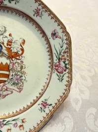 A pair of Chinese famille rose armorial plates with the arms of Hare for the English market, Qianlong, ca. 1755