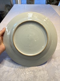 Four Chinese famille rose 'Roosters' plates and a 'Crane' dish, Qianlong