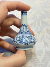 A group of 12 Chinese blue and white miniature vases and a small bottle vase, Kangxi
