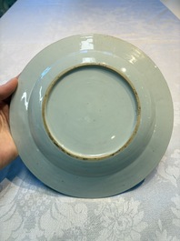 Four Chinese famille rose 'Roosters' plates and a 'Crane' dish, Qianlong