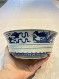A Chinese blue and white 'Dragon' bowl, Xuande mark, 19th C.