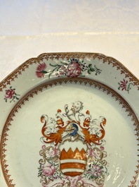 A pair of Chinese famille rose armorial plates with the arms of Hare for the English market, Qianlong, ca. 1755