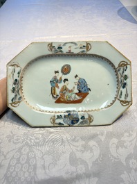 A Chinese gilt-decorated famille rose armorial dish with the arms of Gordon quartering Forbes for the English market, Qianlong, ca. 1745