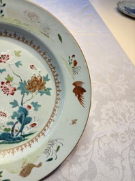 Four Chinese famille rose 'Roosters' plates and a 'Crane' dish, Qianlong