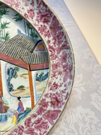 A fine large Chinese Canton famille rose dish with a palace garden scene, 19th C.