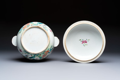 A Chinese famille rose &lsquo;Crane in a Garden&rsquo; tureen and cover, Qianlong