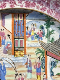 A fine large Chinese Canton famille rose dish with a palace garden scene, 19th C.