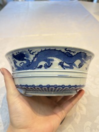 A Chinese blue and white 'Dragon' bowl, Xuande mark, 19th C.