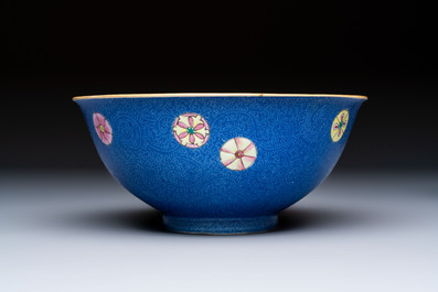A Chinese famille rose blue-ground sgraffito bowl, Qianlong mark and of the period