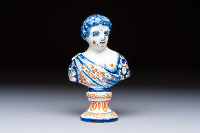 A polychrome Dutch Delft male bust of a Roman emperor or general, early 18th C.