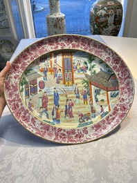 A fine large Chinese Canton famille rose dish with a palace garden scene, 19th C.