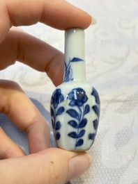 A group of 12 Chinese blue and white miniature vases and a small bottle vase, Kangxi