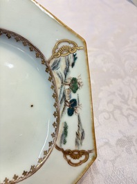 A Chinese gilt-decorated famille rose armorial dish with the arms of Gordon quartering Forbes for the English market, Qianlong, ca. 1745