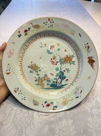 Four Chinese famille rose 'Roosters' plates and a 'Crane' dish, Qianlong