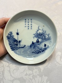 A Chinese blue and white 'Bleu de Hue' waterpipe and a 'Poem' plate for the Vietnamese market, chơi ngọc 玩玉 mark, 19th C.