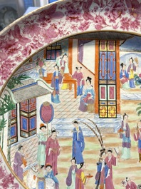 A fine large Chinese Canton famille rose dish with a palace garden scene, 19th C.