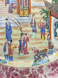 A fine large Chinese Canton famille rose dish with a palace garden scene, 19th C.