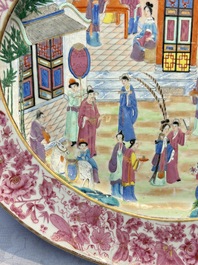 A fine large Chinese Canton famille rose dish with a palace garden scene, 19th C.