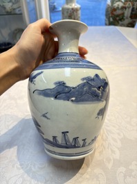 A fine Japanese Arita blue and white vase or sake bottle with landscape design, Edo, ca. 1680