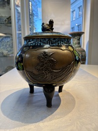 A fine Japanese cloisonn&eacute; tripod censer and cover with a mythical-animal-form finial, Meiji, 19th C.