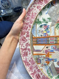 A fine large Chinese Canton famille rose dish with a palace garden scene, 19th C.