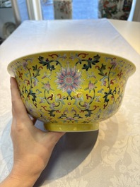 A rare Chinese famille rose yellow-ground bowl from the imperial workshops, Jiang Shi Qian Ju 蔣氏籤具 mark, Republic