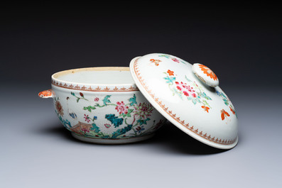 A Chinese famille rose &lsquo;Crane in a Garden&rsquo; tureen and cover, Qianlong