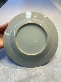 Four Chinese famille rose 'Roosters' plates and a 'Crane' dish, Qianlong