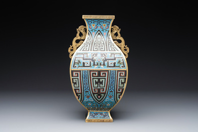 A Chinese archaistic cloisonn&eacute; square vase, Qianlong and Ren mark, 19/20th C.