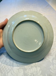 Four Chinese famille rose 'Roosters' plates and a 'Crane' dish, Qianlong