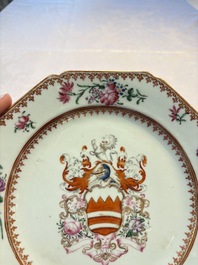 A pair of Chinese famille rose armorial plates with the arms of Hare for the English market, Qianlong, ca. 1755
