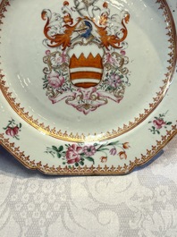 A pair of Chinese famille rose armorial plates with the arms of Hare for the English market, Qianlong, ca. 1755