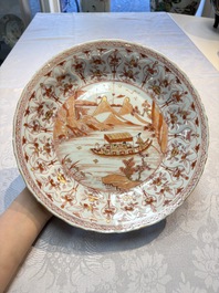 A Chinese iron-red and gilt-decorated 'Ode to the Red Cliff' dish, Kangxi