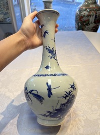 A rare Chinese blue and white 'Cat and Butterfly 耄耋' bottle vase, Transitional period