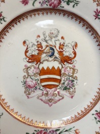 A pair of Chinese famille rose armorial plates with the arms of Hare for the English market, Qianlong, ca. 1755