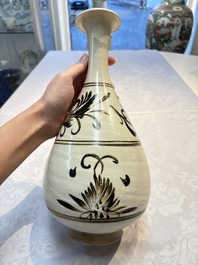A Chinese Cizhou cream-glazed and dark-brown slip-painted vase with floral design, Republic