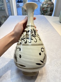 A Chinese Cizhou cream-glazed and dark-brown slip-painted vase with floral design, Republic