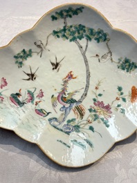 Four Chinese blue, white and famille rose tazzas and a covered spice bowl with bats design, 19th C.