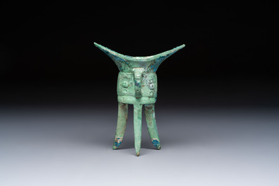 A Chinese archaic bronze wine vessel, Jiao 角, Shang/Zhou