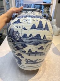 A Chinese blue and white 'Mountainous Landscape' vase with four lion-form handles, 16/17th C.