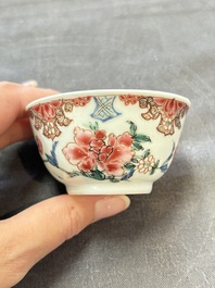 Six sets of Chinese famille rose cups and saucers, Yongzheng/Qianlong