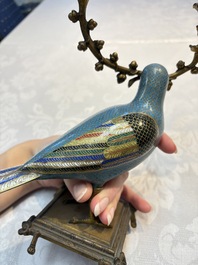 A pair of Chinese cloisonn&eacute; pigeons mounted as candelabras, 19th C.