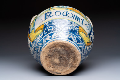 An unusual large polychrome Italian maiolica two-handled 'Cupid and Psyche' wet drug jar inscribed 'Rodomel', probably Rome, early 16th C.