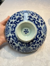 Four Chinese blue, white and famille rose tazzas and a covered spice bowl with bats design, 19th C.