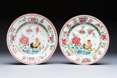 Four Chinese famille rose 'Roosters' plates and a 'Crane' dish, Qianlong